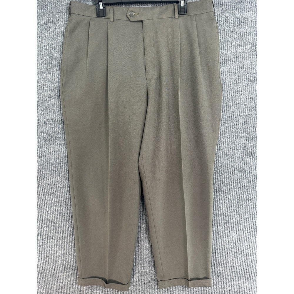 Savane Dress Pants Mens 36x30 Olive Green Excellent Pleated Cuffed Micro-Denier